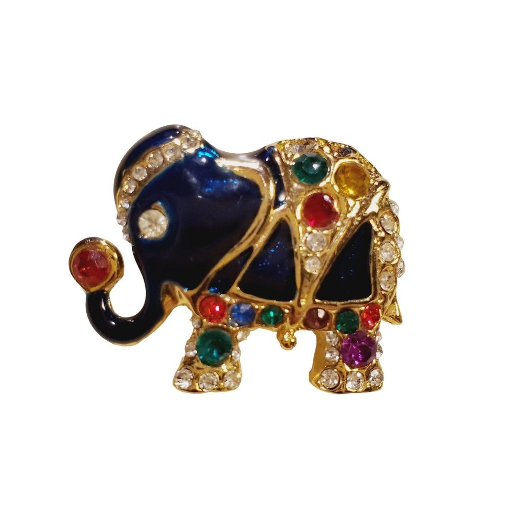Asian Elephant, Enamel and Jeweled with Trunk Up & Locking Clasp Brooch